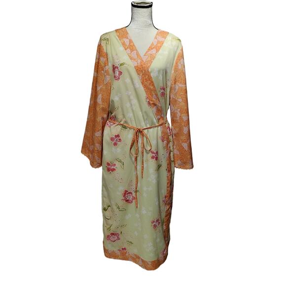 Cabernet Woman Plus Sz 1X Floral Kimono Robe Orange Green Butterfly Art To Wear - Picture 1 of 11